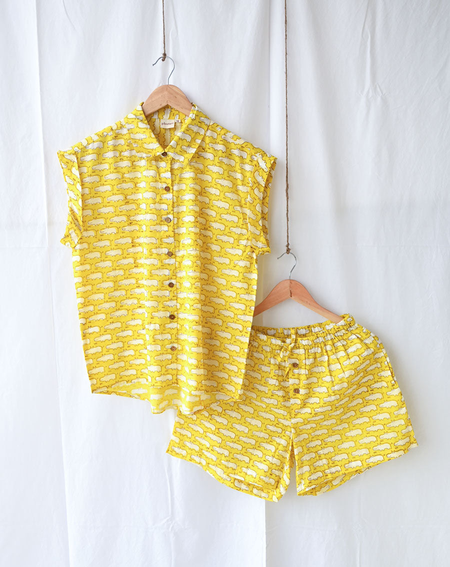 Happy Hippos Shortees in Yellow - Soft cotton shirt & shorts loungewear set