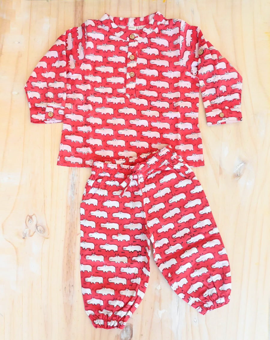 Happy Hippos Cotton Kurta Pyjama Set for Kids-Minor Defect