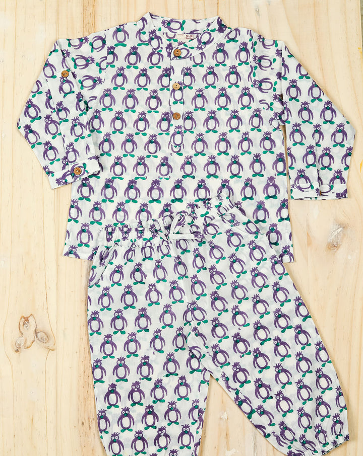 Penguin Purple Cotton Kurta Pyjama Set for Kids
