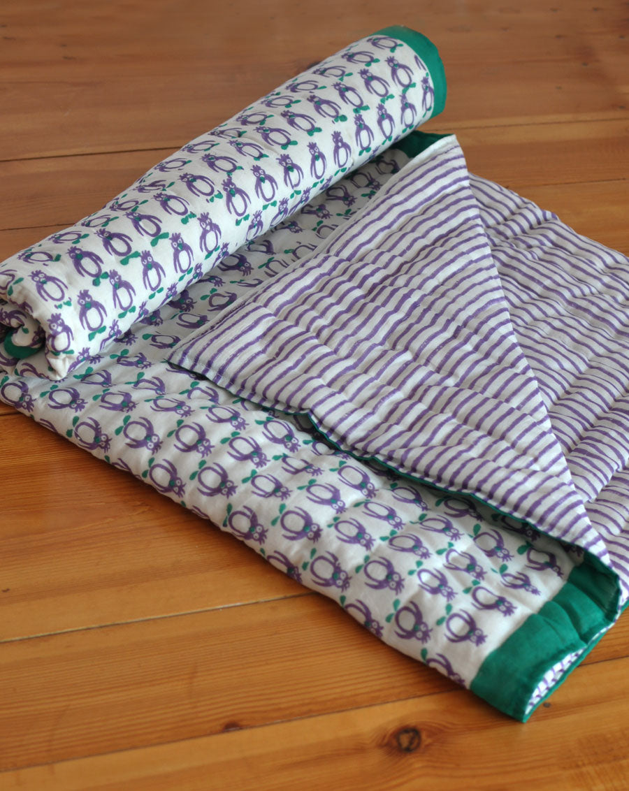 Purple Penguin Stripes GOTS Certified Organic Cotton Quilt for Babies/Kids