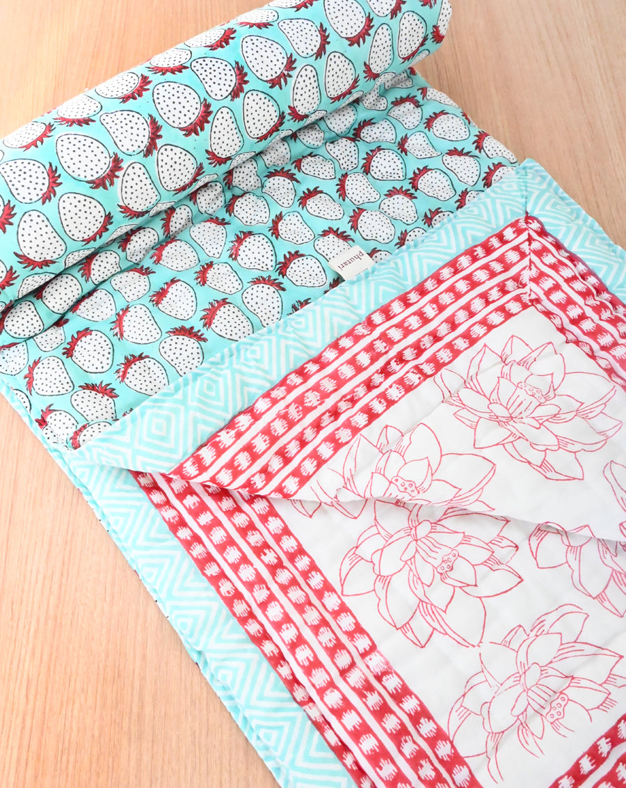 Strawberry Hand Block Printed Cotton Quilt
