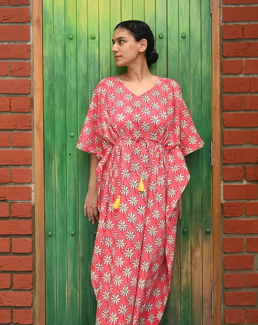 Whoopsie Daisy Hand Block Printed Cotton Kaftan - Full Length