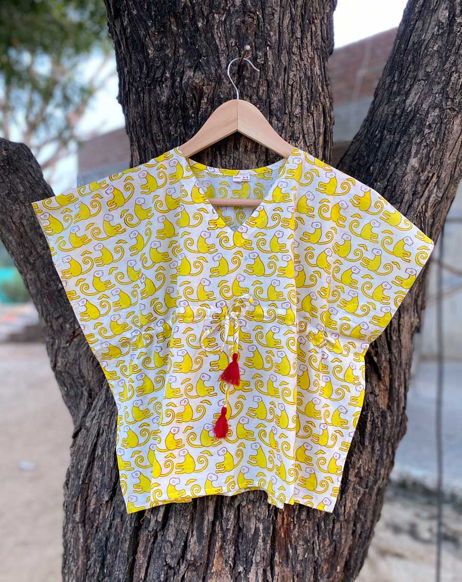 Yellow Funky Monkey Hand Block Printed Cotton Kaftan for baby girls
