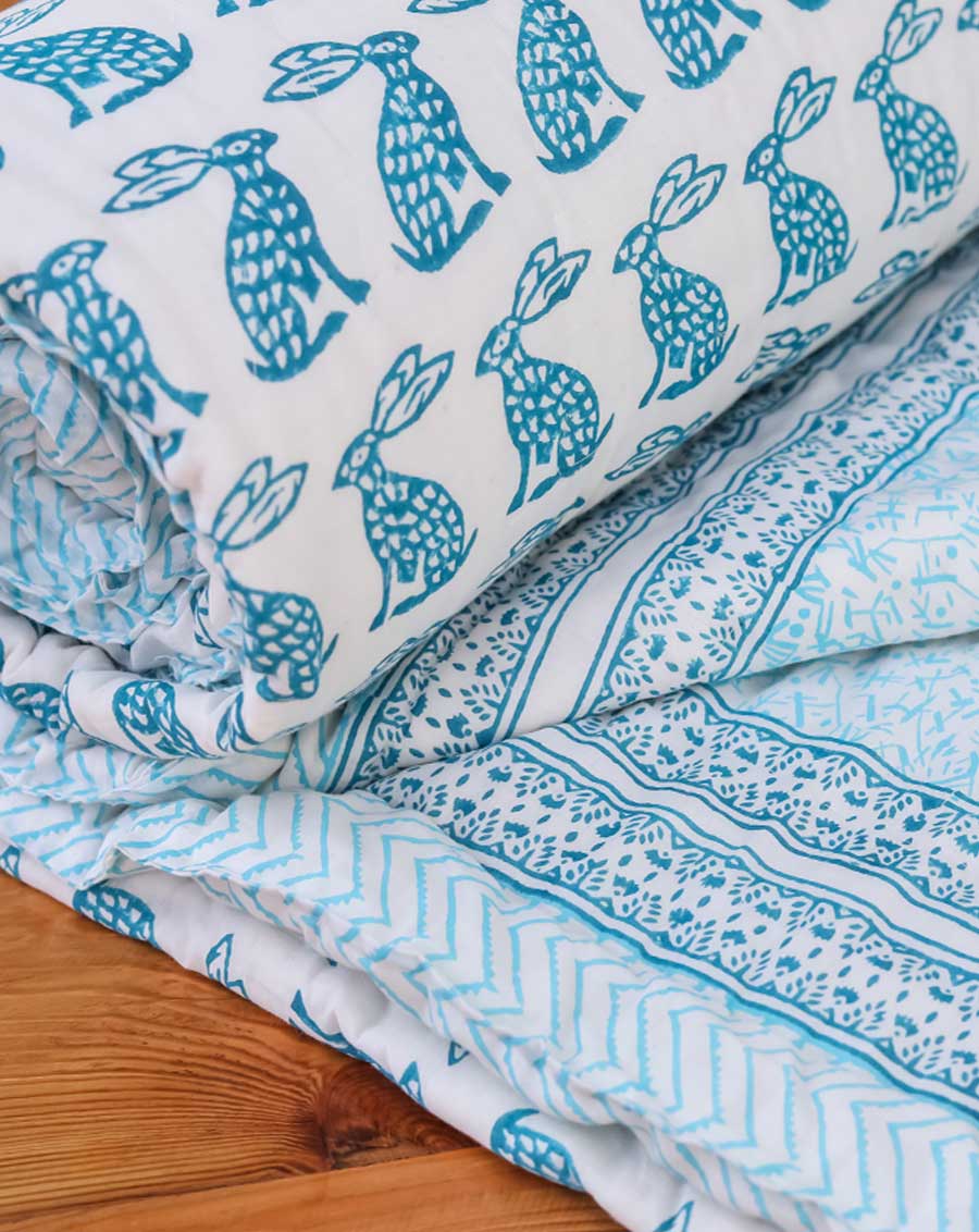 Bunny Hand Block Printed Cotton Quilt - Available only in Double size